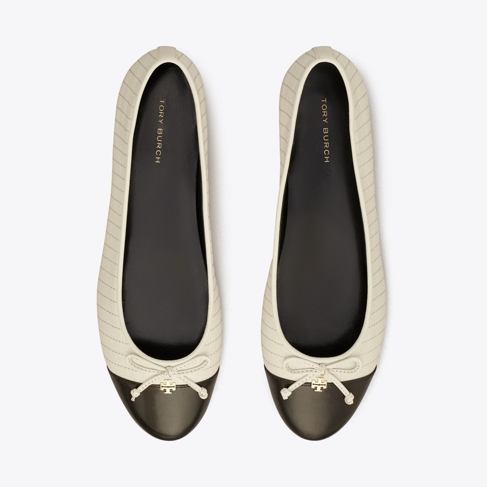 Tory Burch Cap-Toe Quilted Ballet Flats • Size 7M • Cream/Black • Like New
